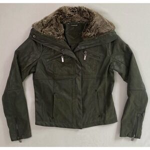 Lou Lou Distress Green Olive Moto Jacket Faux Leather And Fur Woman’s Size Med